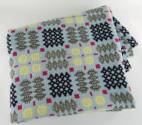 VINTAGE TRADITIONAL WELSH WOOLLEN BLANKET with multi-coloured geometric design to a turquoise