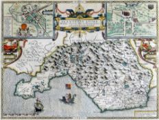 JOHN SPEED double engraving map of 'Glamorganshyre', with plans of 'Cardyfe' and 'Landaffe', hand-