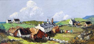 CHARLES WYATT WARREN oil on board - Gwynedd coastal farms and outbuildings with colourful washing