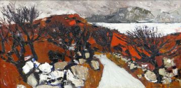 GWILYM PRICHARD oil on board - Welsh coastal landscape with lane and distant mountains, signed, 60 x