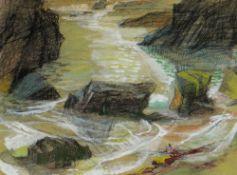 RAY HOWARD JONES mixed media - Pembrokeshire coastline, entitled verso 'Skomer Rocks', 18 x 24cms