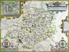JOHN SPEED coloured antiquarian map - 'Montgomeryshire, Described by Christopher Saxton, Augmented