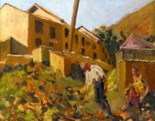 KEVIN SINNOTT oil on board - Italian scene with two figures, poultry and buildings, entitled verso