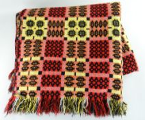 VINTAGE TRADITIONAL WELSH WOOLLEN BLANKET with black, yellow, orange and red geometric design,