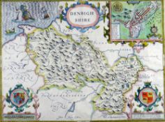 JOHN SPEED antiquarian coloured map - Denbighshire, John Sudbury & George Humble, 1610, inset town
