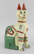 PORCELAIN LOUIS WAIN 'EGYPTIAN CAT' C.1920, a small figural vase modelled as a seated cat, red green