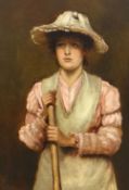 LATE 19TH CENTURY BRITISH SCHOOL oil on canvas - portrait of a lady in white with sun hat holding