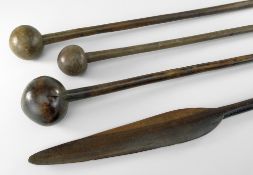 THREE ZULU KNOBKERRIES & A ZULU DANCE STAFF, South Africa, longest 87cms (4)