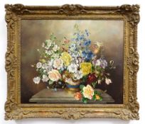 HAROLD CLAYTON (1896-1976) oil on canvas - still life of roses, aquilegia etc, in an ormolu-