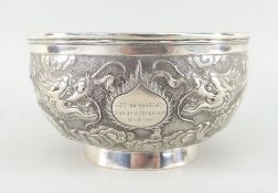 CHINESE SILVER BOWL BY TUCK CHANG, SHANGHAI c.1910, repousse decorated with two confronting four-