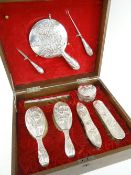 BOXED JAPANESE EXPORT SILVER VANITY OR DRESSING TABLE SET, MEIJI PERIOD c.1900 each piece