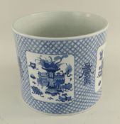 CHINESE BLUE & WHITE PORCELAIN BRUSH POT, bitong, painted with four square vignettes depicting '