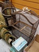 TWO VINTAGE BIRD CAGES, assorted printed biscuit tins