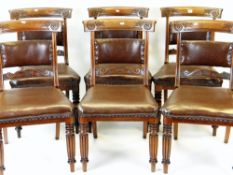 SET OF SIX WILLIAM IV MAHOGANY DINING CHAIRS with carved bow backs and scrolled crossbars,