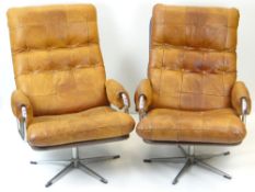 PAIR OF DANISH-STYLE MID-CENTURY LEATHER & CHROME STEEL ARMCHAIRS, tan leather quilt work back and