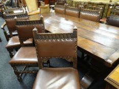 HARLEQUIN SET OF OAK DINING CHAIRS comprising six Caroleon-style back stools and a pair of