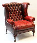 VINTAGE RED LEATHER BUTTON UPHOLSTERED WING BACK ARMCHAIR