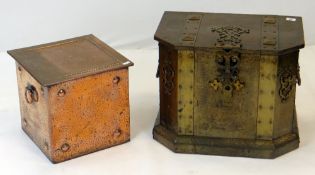 TWO ARTS & CRAFTS METAL PURDONIUMS, one of chest form with brass clasps, the other planished