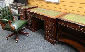 REPRODUCTION MAHOGANY DESK WITH ASSOCIATED OFFICE FURNITURE SIMILAR and a green button upholstered