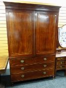 LATE 19TH CENTURY MAHOGANY & SATINWOOD STRUNG LINEN PRESS fielded doors enclosing five sliding