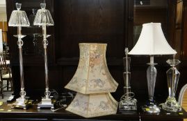 ASSORTED TABLE LIGHTING including pair of tall cut glass shaded table lamps, three others in