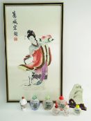 SEVEN CHINESE INSIDE PAINTED GLASS OR PORCELAIN SNUFF BOTTLES, Qi Baishi-style painted marble plaque