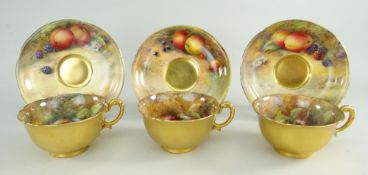 SET OF THREE ROYAL WORCESTER FRUIT PAINTED CUPS & SAUCERS, painted by Harry Stinton, depicting black