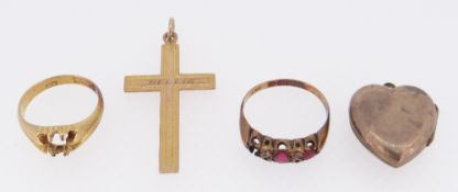 9CT GOLD DRESS RING (stone missing) & 18CT GOLD RING (stone missing) together with 9ct crucifix