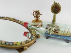 NOVELTY COPPER SHIP'S WHEEL CIGAR CUTTER, model binnacle similar, ship in bottle and oval mirror (