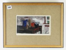 LAUREN LINDEE acrylic on board - still life of jugs and vases on a table, signed, 11 x 22cms