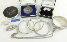 ASSORTED SILVER & PLATE to include silver bangle, cufflinks, silver Shire Horse Society medal,