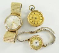 18CT YELLOW GOLD FLORALLY ENGRAVED FOB WATCH, 9ct gold ladies wristwatch and 9ct gold gents Rotary