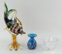 FOUR ITEMS OF MID-CENTURY ART GLASS including Murano-type fish glass on lobed stand, 34.5cms high,