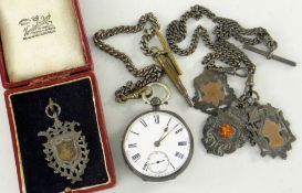 SILVER POCKET WATCH TOGETHER WITH THREE SILVER PENDANTS ON 'T' BAR CHAIN AND BOXED SINGLE SILVER