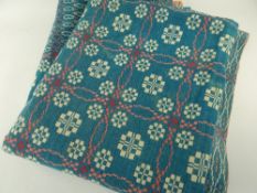 VINTAGE WELSH TAPESTRY WOVEN WOOLLEN BLANKET, in teal, white and scarlet