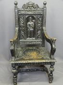VICTORIAN JACOBEAN STYLE CARVED OAK ARMCHAIR with Lion mask crest rail above a man in armour central
