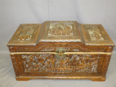 CARVED ORIENTAL CAMPHORWOOD CHEST with stepped top, 47.5cms H, 94.5cms W, 46cms D