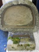 RECONSTITUTED STONE TROUGH & BLOCK with cast iron boot scrape, 77 x 60cms, 45 x 31cms respectively
