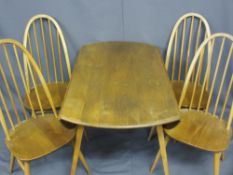 ERCOL LIGHT ELM DROP-LEAF DINING TABLE & FOUR CHAIRS, Windsor style
