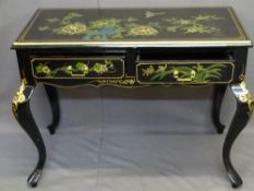 20TH CENTURY JAPANESE TWO DRAWER SIDE TABLE, black lacquer with gilt highlighting and painted floral