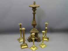 GEORGIAN BRASS CANDLESTICKS, two pairs, a similar age bronze example and a vintage style altar stick