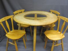 MODERN SWEDISH STYLE CIRCULAR TOP TABLE & FOUR CHAIRS, the table with central glass insert