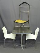 SQUARE TILT-TOP METAL EFFECT CAFE TABLE, 75cms H, 75cms W, 75cms D, two chairs and a bergere seat