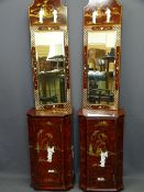 JAPANESE RED SIMULATED LACQUER WORK, single door cabinet and mirror ensembles, a pair, the cabinet
