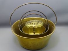 50CMS DIAMETER BRASS PRESERVE PAN and two others with a brass kettle stand