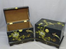 TWO JAPANESE LACQUERWORK LIDDED CHESTS with painted decorations of birds among foliage, brass