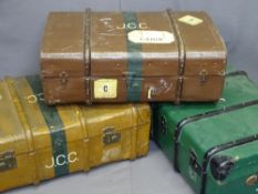 THREE VINTAGE WOODEN BANDED TRAVEL TRUNKS, 33cms H, 92cms across, 56cms D the largest
