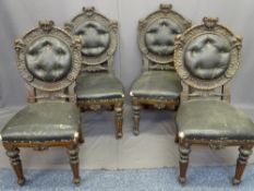OAK SALON CHAIRS, SET OF FOUR, high Victorian in style with carved circular cameo backs and buttoned