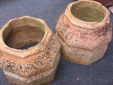TWO LARGE TERRACOTTA CHIMNEY POTS, 50cms H, 54 x 54cm octagonal bases