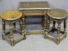 THREE VINTAGE JOINED OAK TYPE STOOLS including a rectangular example, 46.5cms H, 46cms L, 28.5cms
